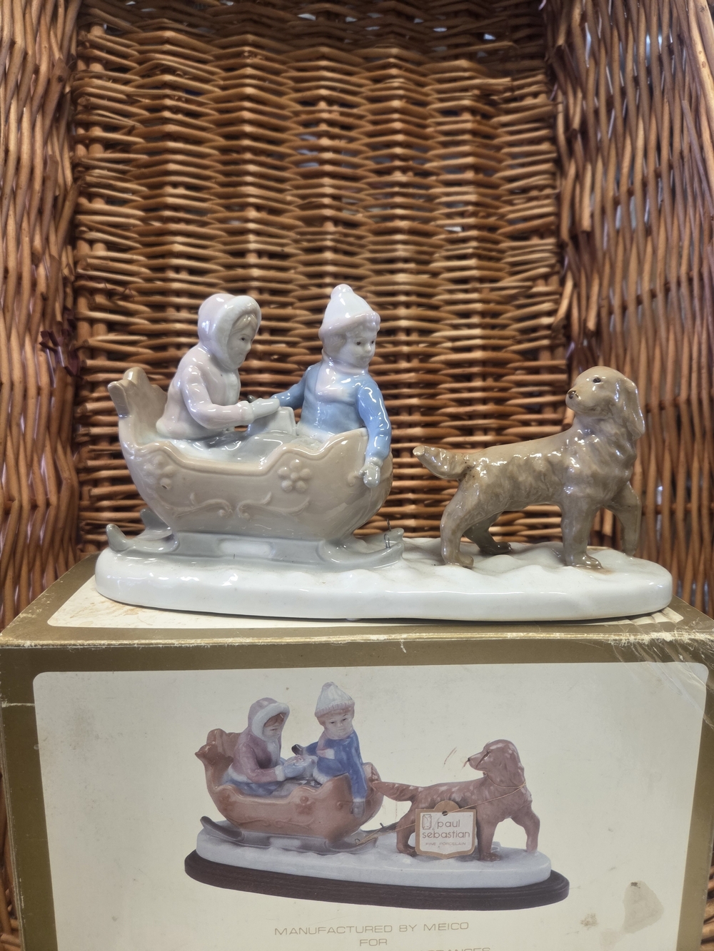 Porcelain Winter Sleigh Figurine with Dog  Manufactured For Paul Sabastian